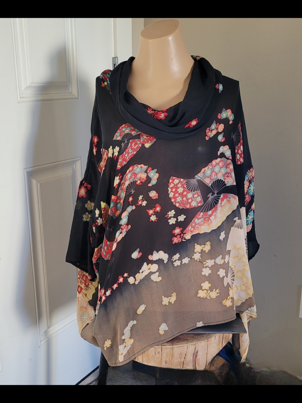 Citron Silk Black Floral Fan Cowl-Neck Tunic